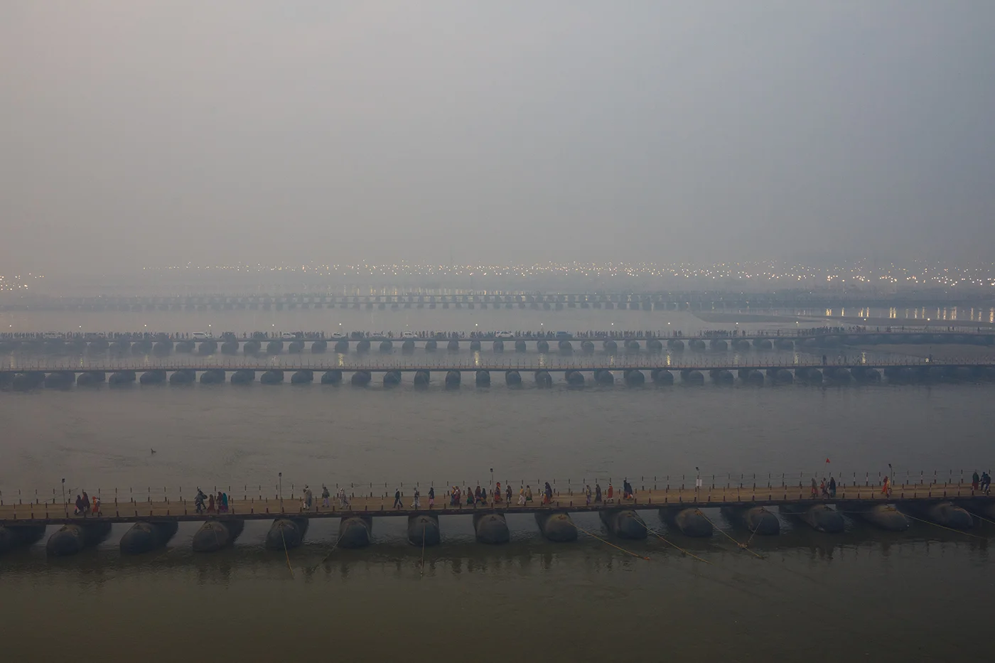 An aerial view of the Ponton Bridge, the symbol of the Kumbh Mela in Prayagraj.