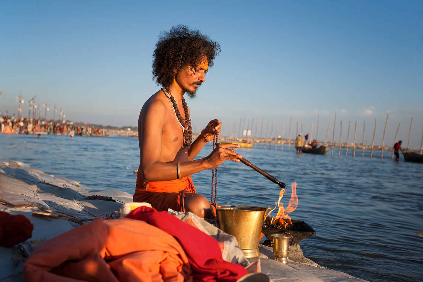 A Sadhu is performing Yaggyan (worship of fire) cerimony on the bank of the Ganges.
